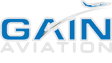 A black and white logo of the airline gain aviation.